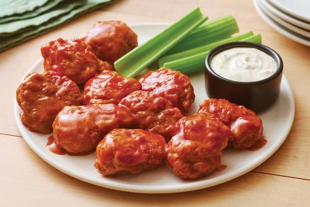 Crispy chicken wings coated in sauce served with celery sticks and creamy dip