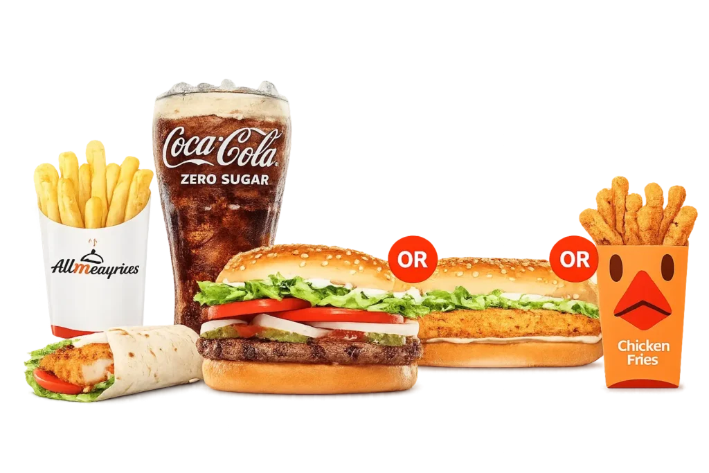 Burger King style meal with a wrap, choices of burgers, fries, and Coca-Cola Zero.
