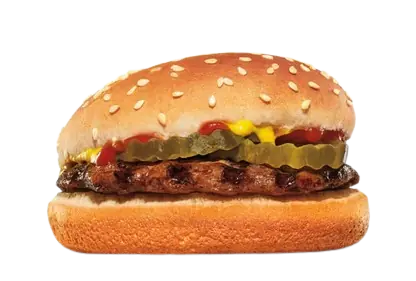 Classic hamburger with pickles and ketchup.