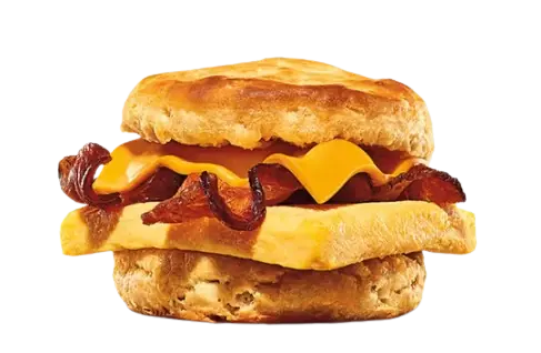 Sausage, egg, and cheese breakfast biscuit sandwich.
