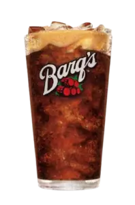 A glass of dark brown Barq's Root Beer with foam and ice