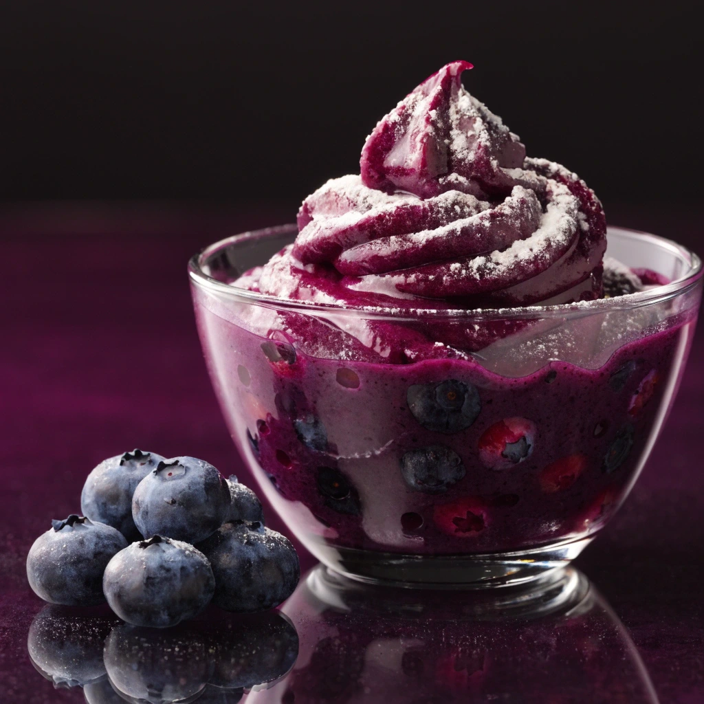 Luxurious purple berry cream sauce in a bowl with fresh blueberries.