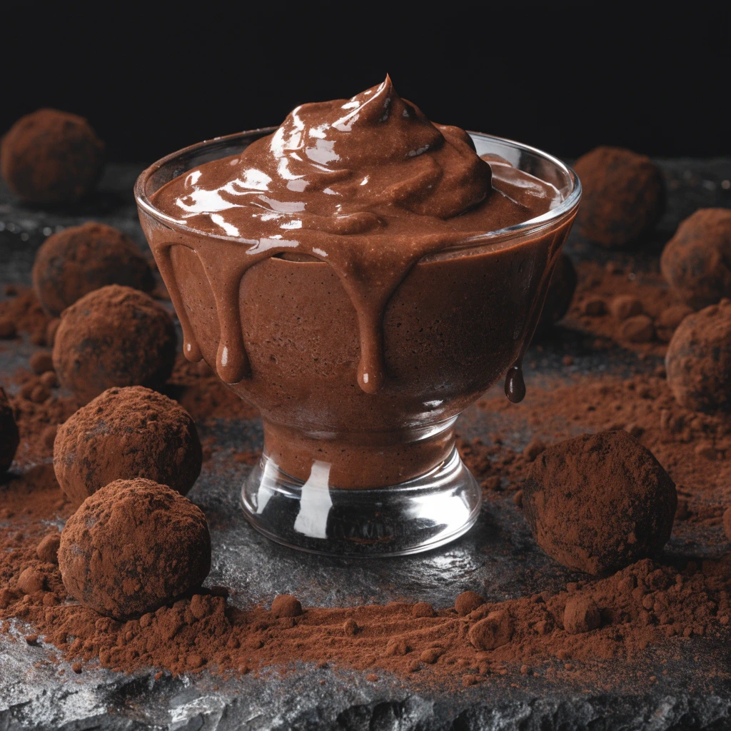 Rich chocolate cream sauce in a bowl surrounded by cocoa truffles.