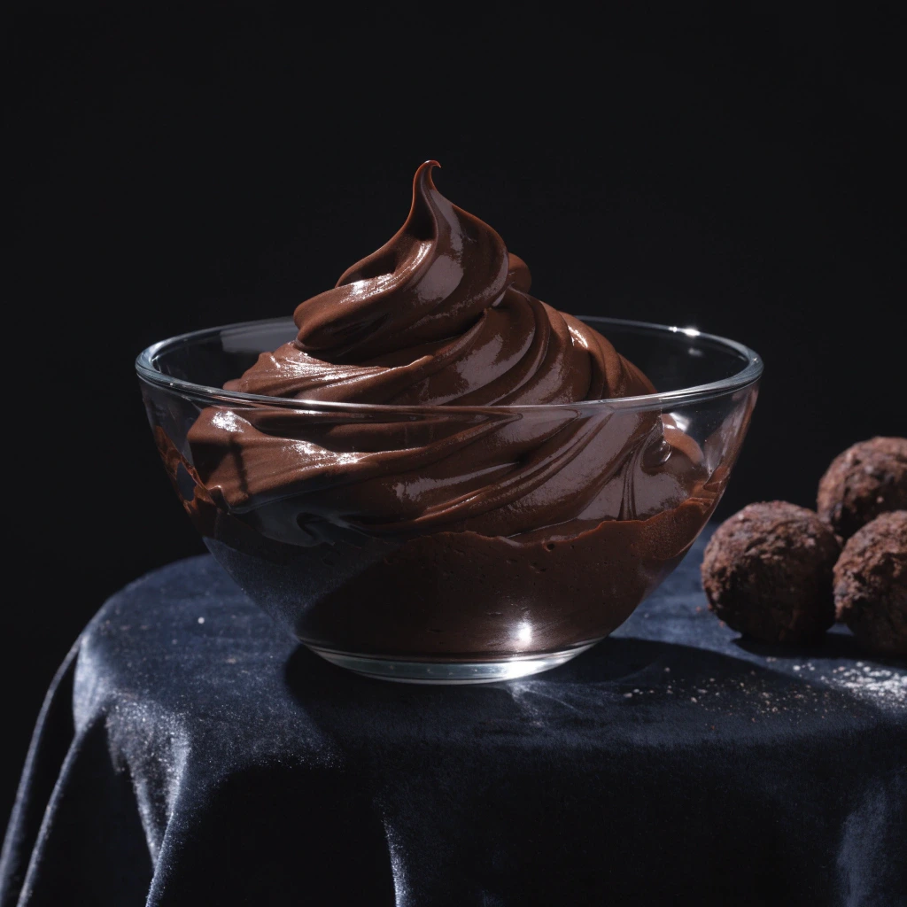 Silky dark chocolate mousse swirl in a glass bowl on a dark background.