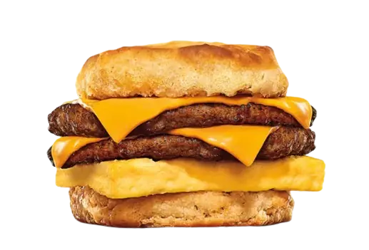 Double sausage patty, egg, and cheese breakfast biscuit sandwich.