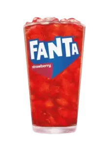 A glass of bright red Fanta Strawberry soda with ice.
