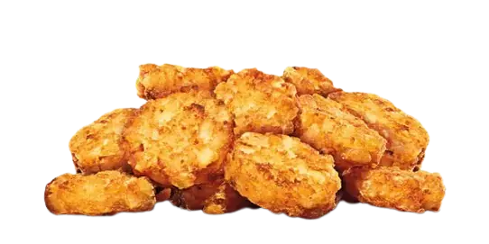 A scattered pile of crispy, golden-brown round hash brown nuggets on a white background.