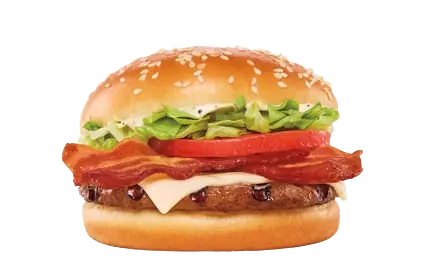 Peppercorn BLT burger with bacon, cheese, tomato, and lettuce on a sesame bun.