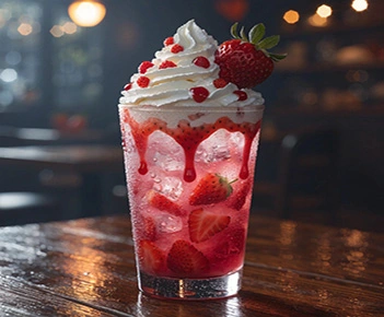 Tall pink strawberry drink topped with whipped cream and a whole berry.