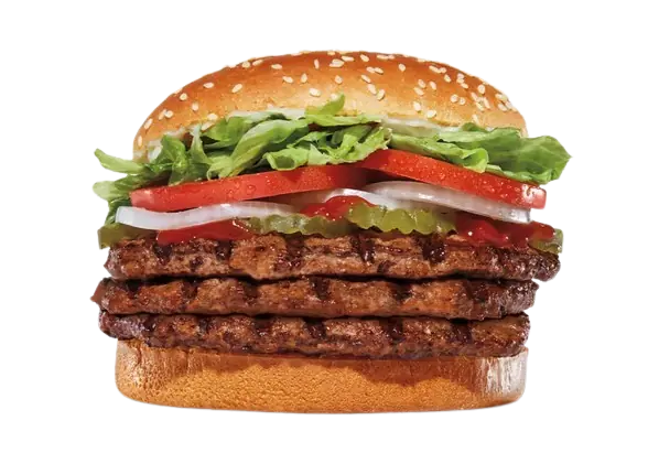 Huge burger featuring three stacked beef patties.