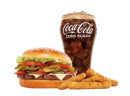 Crispy chicken fillet burger with bacon, cheese, fresh lettuce, fries, and Coca-Cola Zero Sugar combo meal on transparent background.