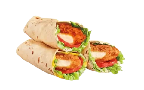 A stack of three crispy chicken wraps with lettuce and tomato.