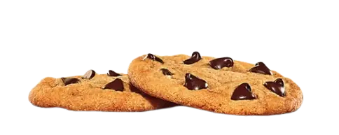 Two golden-brown chocolate chip cookies overlapping each other, referencing