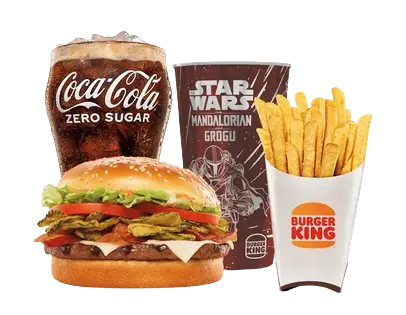 A classic Whopper burger combo served with a dark brown Star Wars Mandalorian collectible cup, fries, and Coke Zero.