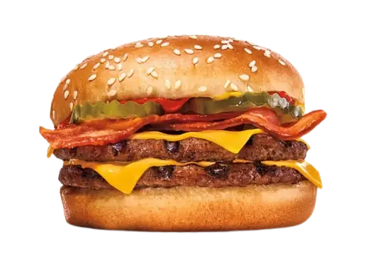A thick double cheeseburger layered with two flame-grilled beef patties, melted yellow cheese, crispy bacon strips, and pickles on a sesame seed bun.