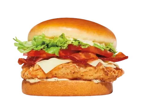 Crispy chicken sandwich with bacon, swiss cheese, lettuce, and tomato.