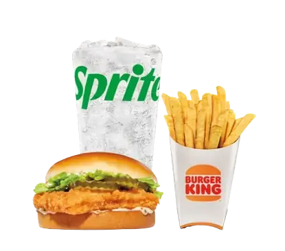 A crispy Big Fish sandwich with tartar sauce and pickles, served alongside a refreshing Sprite and crispy French fries.