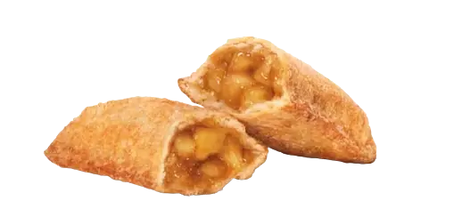 A warm cinnamon apple pie pastry sliced into two halves with visible fruit filling,