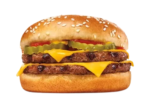 A classic double cheeseburger showing two grilled beef patties, stacked with melted American cheese, crinkle-cut pickles, mustard, and ketchup in a soft sesame bun.