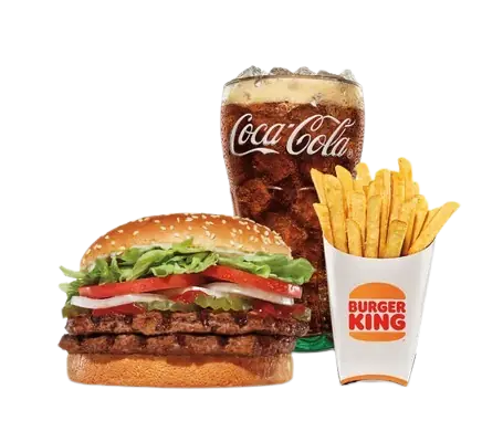 A massive Double Whopper burger with two flame-grilled patties, lettuce, tomato, onions, a large Coca-Cola, and fries.