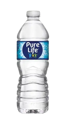 Pure Life clear plastic water bottle with blue label.