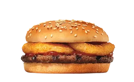 Flame-grilled beef patty topped with crispy onion rings and sweet barbecue sauce.