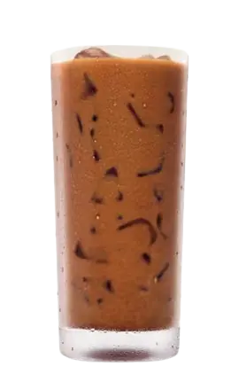 Creamy small mocha iced coffee in a tall clear glass.