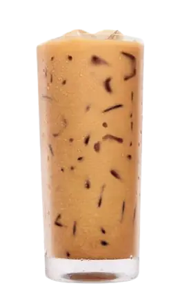 Light brown small vanilla iced coffee filled with ice.