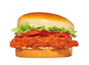 Spicy orange fried chicken burger with lettuce.