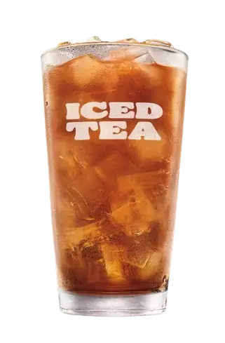 A tall glass cup filled with clear sweetened iced tea and ice cubes.