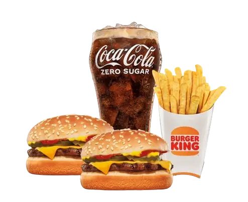 Two single cheeseburgers with pickles and mustard, paired with a large Coca-Cola Zero Sugar and a side of fries.