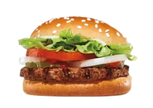 Small flame-broiled beef burger with lettuce, tomato, onions, and pickles.