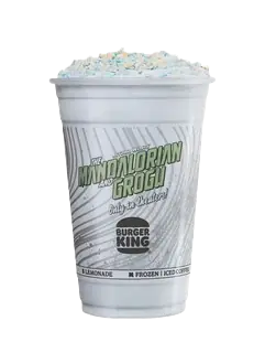 Grogu themed blue cookie shake in a Burger King cup.